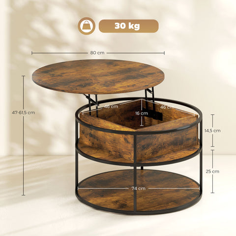 Rootz Round Coffee Table - Lifting Table Top - Storage Coffee Table - Space-Saving Design - Ø80cm x 47-61.5H cm - Brown