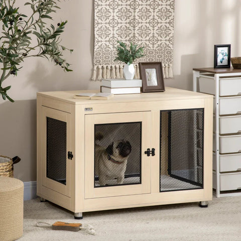 Rootz Dog Crate - Dog Cage - Modern Design - Lockable 2 Doors - Chipboard - Oxford fabric - Natural + Black - 94cm x 60cm x 71.5cm
