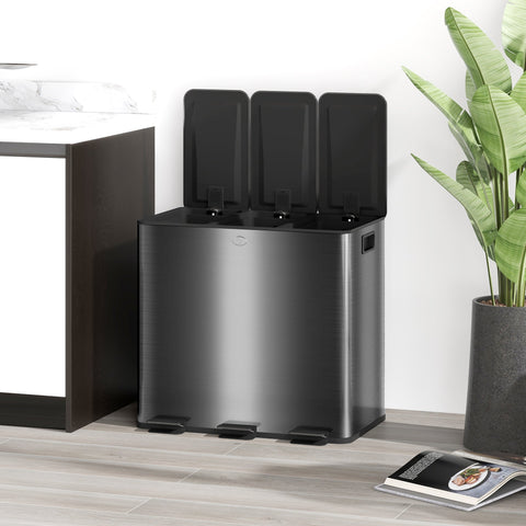 Rootz Kitchen Waste Bucket - Recycling Bin - Trash Can - Soft-Close Lid - 61.9L x 36.6B x 43.2H cm - 3 x 15L Compartments