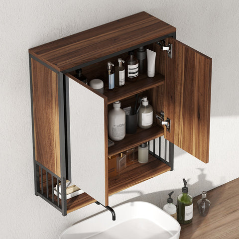 Rootz Bathroom Mirror Cabinet - Bathroom Storage - Wall-Mounted Organizer - Soft-Close Doors - Brown MDF Chipboard - 56cm x 20cm x 65cm