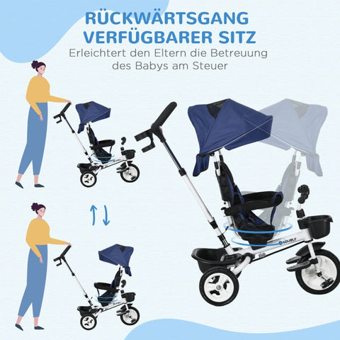 Rootz 6-in-1 Kinderdriewieler - Kinderdriewieler - Peuterfiets - Duwstang - Zonnekap - Reflecterende strips - 112cm x 50cm x 104cm - Donkerblauw