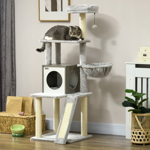 Rootz Cat Scratching Post with Cave - Cat Tree - Multi-Level Cat Tower - Sisal Rope - 48.5cm x 48.5cm x 141.5cm