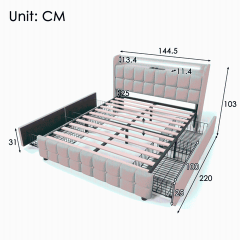 Rootz Padded Double Bed - Upholstered Bed - Linen Bed - USB Charging & LED Lighting - Beige - 144.5cm x 220cm x 103.5cm