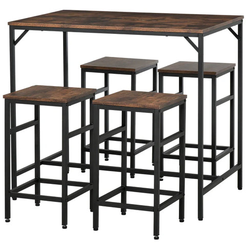 Rootz Bar Table Set - Bar Table With 4 Bar Stools - Kitchen Counter - Chipboard - Steel - Rustic Brown + Black - 100 x 60 x 88 cm