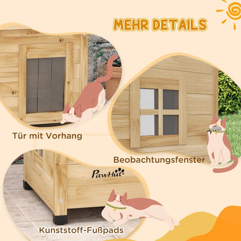 Rootz Cat House - Outdoor Cat Shelter - Wooden Cat Retreat - Transparent Window - Privacy Curtain - 57cm x 45cm x 43cm