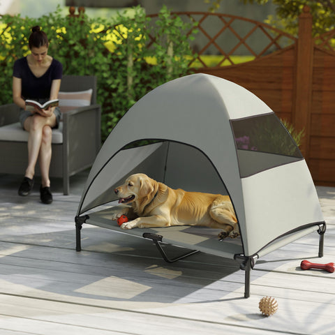 Rootz Outdoor Elevated Dog Bed with Roof - Pet Canopy Cot - Raised Dog Lounger - Sun Protection - 106 x 76 x 99 cm - Grey