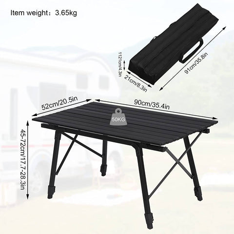 Rootz Ultimate Camping Table - Outdoor Table - Portable Desk - Weatherproof, Adjustable Height, Lightweight - 52.2cm x (45cm - 72cm) x 90cm