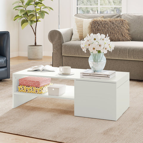 Rootz Adjustable Coffee Table - Lift Top Table - White Storage Table - Sliding Surface, Hidden Storage, Chipboard, Metal Rails, 110x52x36 cm