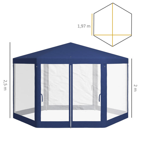 Rootz Garden Pavilion - 6-Corner Gazebo - Metal Frame Tent - Insect Protection - 3.94x3.412x2.5m - Blue
