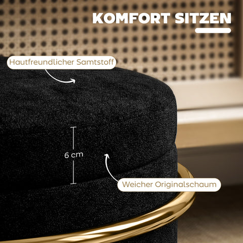 Rootz Sitting Stool with Storage - Foot Stool - Elegant Ottoman - Velvet Softness - Ø42 x 39h cm - Gold-Plated Frame - Black