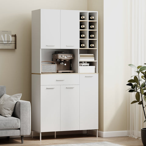 Rootz Kitchen Cabinet with Shelves - Storage Cabinet - Wine Shelf - Enhances Kitchen Aesthetics - MDF, White - 71cm x 35cm x 183cm