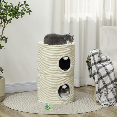 Rootz 3 Tier Cat Scratching Barrel - Cat Tower - Indoor Cat House - Sisal Cover Protects Furniture - Ø42 x 69H cm - Grey