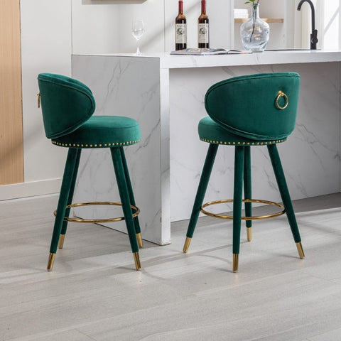 Rootz Velvet Bar Stools - Retro Design - Modern Details - 360° Rotation - Emerald Color - 53cm x 50.5cm x 93cm