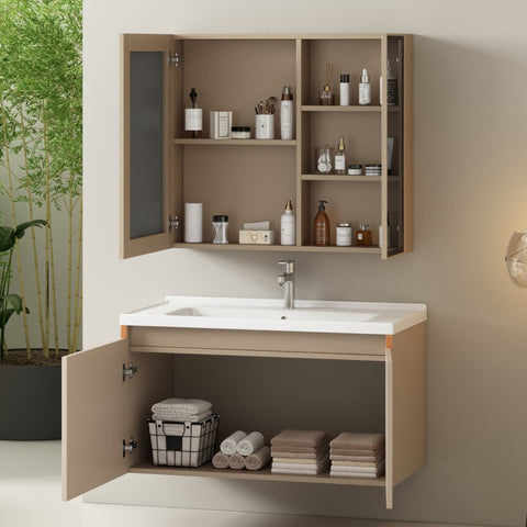 Rootz Light Brown Bathroom Furniture Set - Washbasin Cabinet - Vanity Unit - Easy to Clean - 90cm x 47cm x 48cm & Mirror Cabinet 80cm x 12cm x 75cm