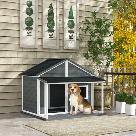 Rootz Dog House - Outdoor Dog Kennel with Porch - Weather Resistant - Fir Wood - Gray + White - 124cm x 112cm x 105cm