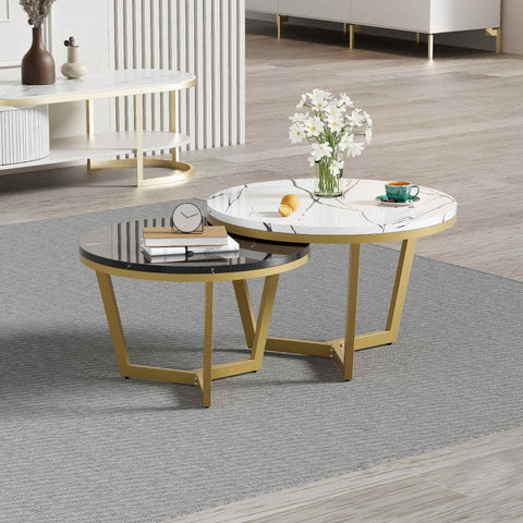 Rootz Luxurious Coffee Table Set - Marble Look - Elegant Nesting Tables - Adds Style - 70x70x45cm & 50x50x40cm - Gold Frame - L-shaped Design