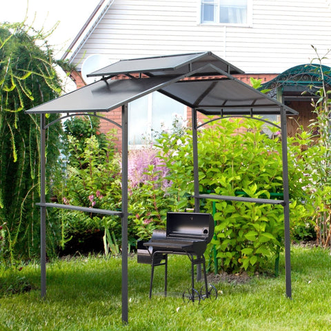 Rootz Barbecue Pavilion with Flame Protection Roof - BBQ Shelter - Outdoor Grill Gazebo - UV Protected - Rainproof - Double Roof Ventilation - 240cm x 150cm x 250cm - Steel & PC - Black + Brown
