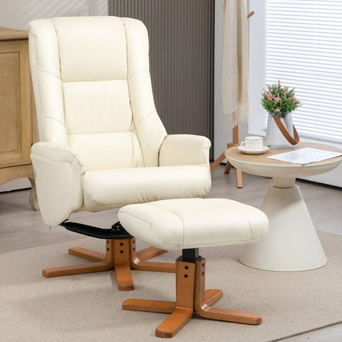 Rootz Relaxation Chair with Stool - TV Armchair - Recliner - Rocker Function - Faux Leather - Natural Wood Frame - Cream White - 71cm x 84cm x 102cm
