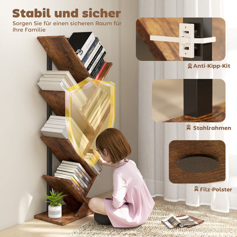 Rootz Bookshelf Standregal - Narrow Office Shelf - Brown Bookcase - Space-Saving Design - 50cm x 24cm x 109cm