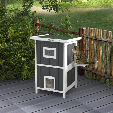 Rootz Kattenhuis - Kattengrot Buiten - Weerbestendig - Dubbeldekker Design - Springplatform - Sparrenhout-kunststof - Grijs-wit-groen - 60 x 60 x 90,5 cm