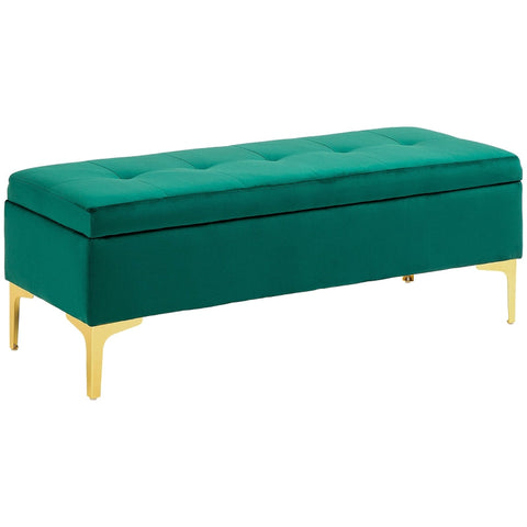 Rootz Green Velvet Storage Bed Bench - Entryway Bench - Upholstered Bench - Button Tufted Design - Gold Legs - 120cm x 44cm x 44.5cm