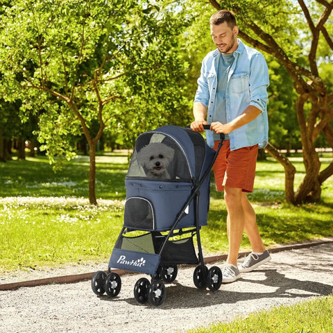 Rootz Folding Dog Stroller - Pet Stroller - 1 Basket - 1 Cushion - 1 Side Pocket - Universal Wheels - Navy Blue - 81cm x 48cm x 99cm