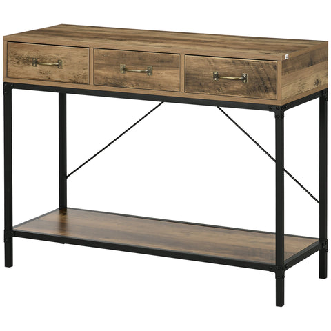 Rootz Console Table - Entrance Table - Industrial Design - 3 Drawers - Wood Look - 100 x 35 x 76.5 cm - Light Brown & Black