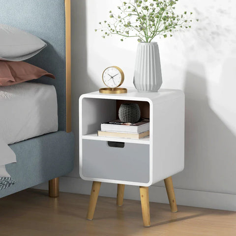 Rootz Bedside Table -  Nightstand - Scandinavian Design - Large Drawer - Waterproof Paint - White - 40 x 38 x 58 cm