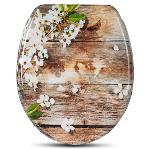 Rootz Duroplast Toilet Seat - White Flower Design - Slow Close - Antibacterial - 45.5cm x 37.1cm