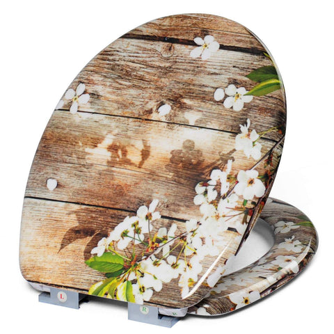 Rootz Duroplast Toilet Seat - White Flower Design - Slow Close - Antibacterial - 45.5cm x 37.1cm