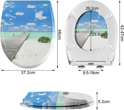 Rootz Duroplast O-Shaped Toilet Seat - Soft Close Mechanism - Wear-Resistant - Antibacterial - 37 x 47.5cm - Sea Motif - 175kg Capacity