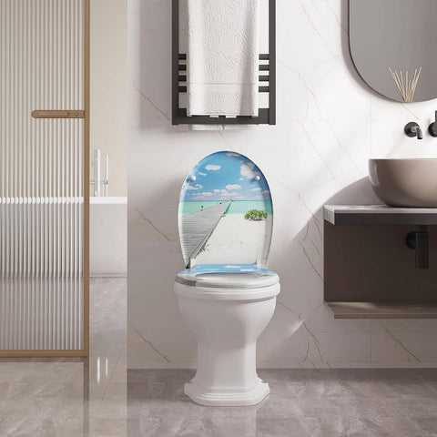 Rootz Duroplast O-Shaped Toilet Seat - Soft Close Mechanism - Wear-Resistant - Antibacterial - 37 x 47.5cm - Sea Motif - 175kg Capacity