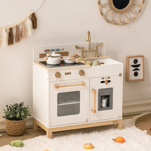 Rootz Montessori Wooden Play Kitchen (White) - Kids Play Kitchen - Pretend Play Set - Eco-Friendly - Realistic Features - Open-Ended Play - 76 cm x 38 cm x 89 cm - High-Quality Natural Wood