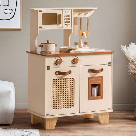 Rootz Mocha Montessori Wooden Play Kitchen - Kids Play Kitchen - Pretend Play Set - Realistic Cooking Experience - Safe and Durable - 79 x 28 x 55.5 cm