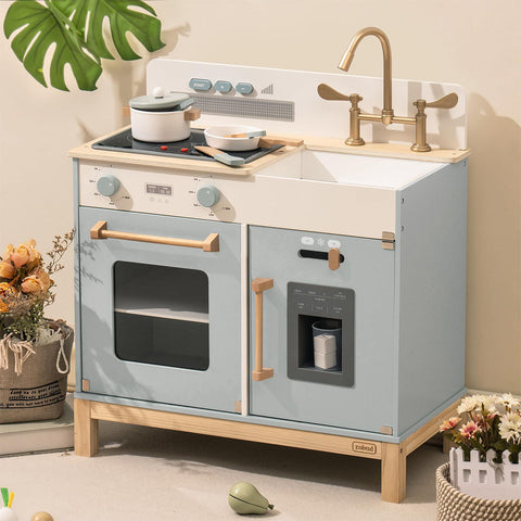 Rootz Montessori Wooden Play Kitchen (White) - Kids Play Kitchen - Pretend Play Set - Eco-Friendly - Realistic Features - Open-Ended Play - 76 cm x 38 cm x 89 cm - High-Quality Natural Wood