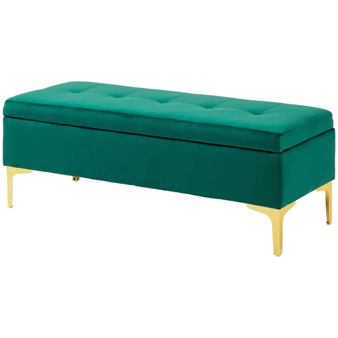 Rootz Green Velvet Storage Bed Bench - Entryway Bench - Upholstered Bench - Button Tufted Design - Gold Legs - 120cm x 44cm x 44.5cm
