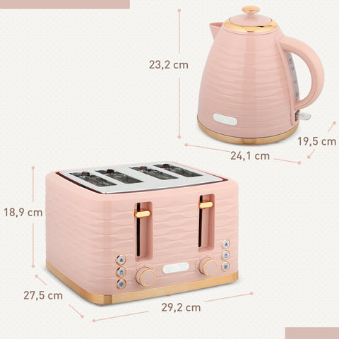Rootz Pink 2-in-1 Toaster and Kettle Set - Multifunction Kitchen Combo - Elegant Pebble Design - Seven Browning Levels - 24.1x19.5x23.2cm