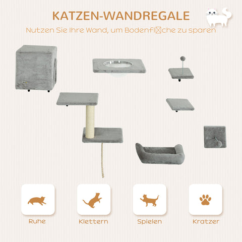 Rootz 7-Part Cat Climbing Wall Set - Cat Playhouse - Feline Activity Center - Space-Saving - Grey & White - Bed: 42cm x 36cm x 8cm