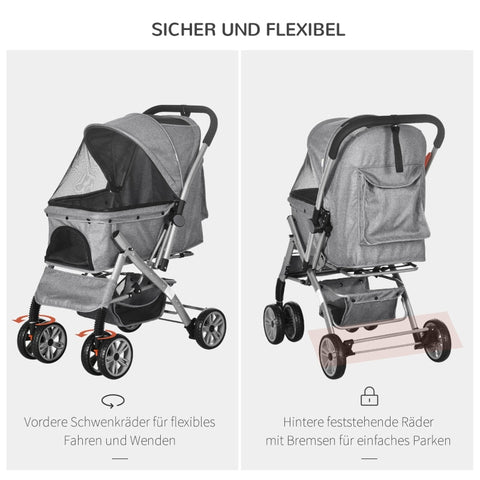 Rootz Dog Stroller - Pet Travel Carrier - Portable Pet Stroller - Folding Storage Basket - Mesh Window - Handbrake - 77cm x 50cm x 99cm - Steel & Oxford Fabric - Gray