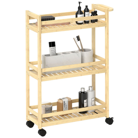Rootz 3 Floor Bamboo Serving Cart - Storage Car - Rolling Trolley - Mold-Free Slat Shelves - 55cm x 20cm x 75cm