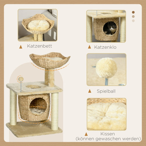 Rootz Cozy Chic Cat Tree - Elegant Feline Tower - Braided Reed Coaching - Plush Coverings - Scratching Posts - Sisal - 45cm x 40cm x 74cm