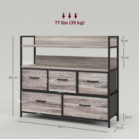 Rootz Fabric Chest of Drawers - Storage Organizer - Clothing Unit - 5 Foldable Drawers - Steel Frames - 98cm x 29cm x 85cm