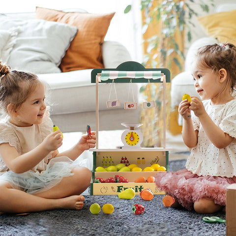 Rootz Wooden Farmers Market Stand Fruit Stall - Kids Play Grocery Store - Pretend Play Market - Enhances Social Skills - Premium Wood - 30 cm x 23 cm x 47 cm