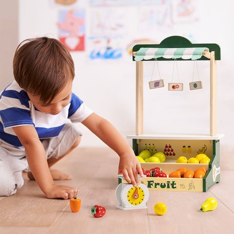 Rootz Wooden Farmers Market Stand Fruit Stall - Kids Play Grocery Store - Pretend Play Market - Enhances Social Skills - Premium Wood - 30 cm x 23 cm x 47 cm