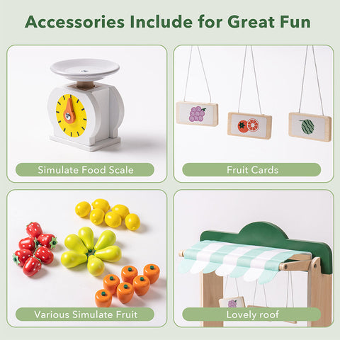 Rootz Wooden Farmers Market Stand Fruit Stall - Kids Play Grocery Store - Pretend Play Market - Enhances Social Skills - Premium Wood - 30 cm x 23 cm x 47 cm