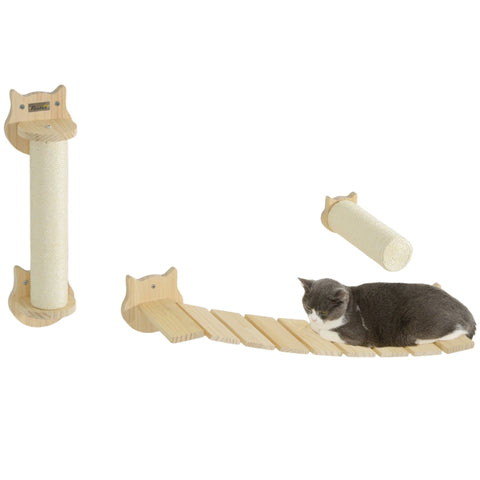 Rootz Wall Scratching Post Set - Cat Climbing Wall - Furniture Protector - Space-Saving Design - Pine Wood - Scratching Post 15.5x12.5x57.5cm, Ladder 91x22x15.5cm