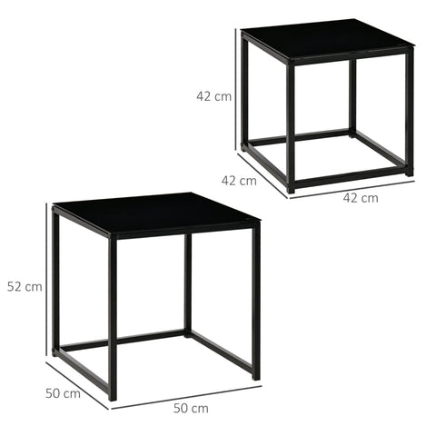 Rootz Set of 2 Side Tables - Coffee Tables - Living Room Tables - Modern Design - Space-Saving Stackable Feature - Durable Steel and Tempered Glass - 50cm x 50cm x 52cm & 42cm x 42cm x 42cm - Black