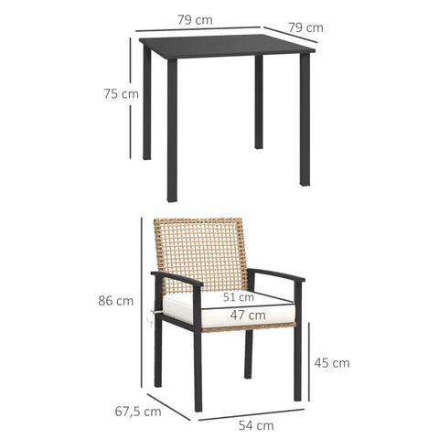 Rootz Tuinset - 5 Stuks - Tafel - 4 Stoelen met Zitkussens - Metalen Frame - Rotan Decor - Naturel - 79cm x 79cm x 75cm