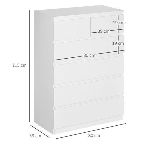 Rootz Chest of Drawers - 6 Drawer Storage - Minimalist Cabinet - Modern Style - 80cm x 39cm x 115cm - White