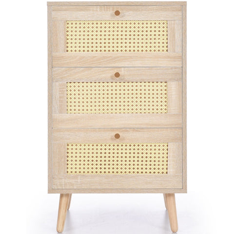 Rootz Oak Effect 3 Drawer Chest - Rattan Dresser - Bedroom Storage - Durable Design - 79.5H x 48.6W x 48.5D cm